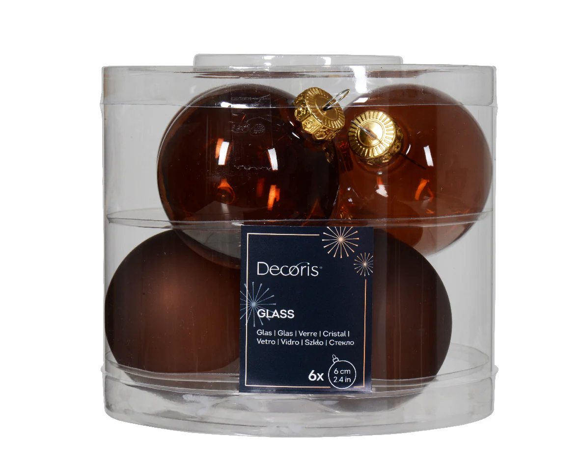 Espresso Transparent Glass Shiny & Matte Unsilvered Christmas Baubles 6cm - Box of 6