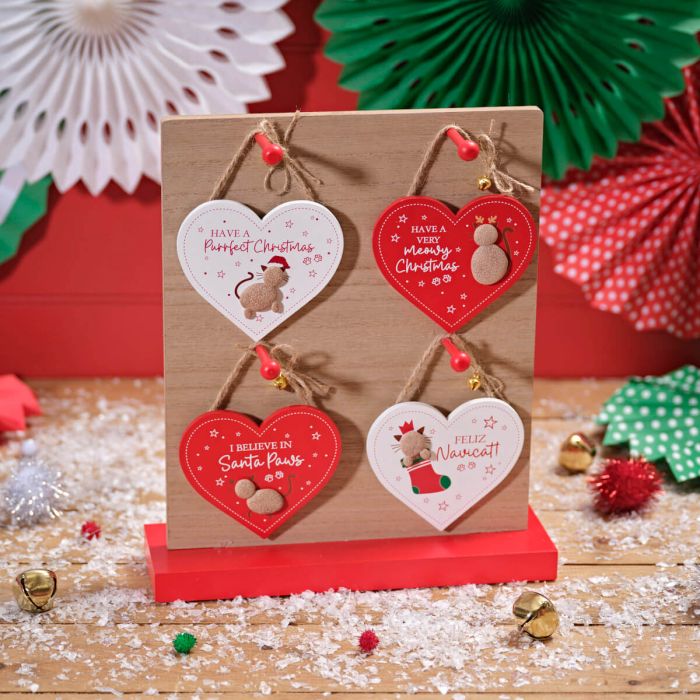 Furry & Festive Cat Heart Shaped Wood Hanger