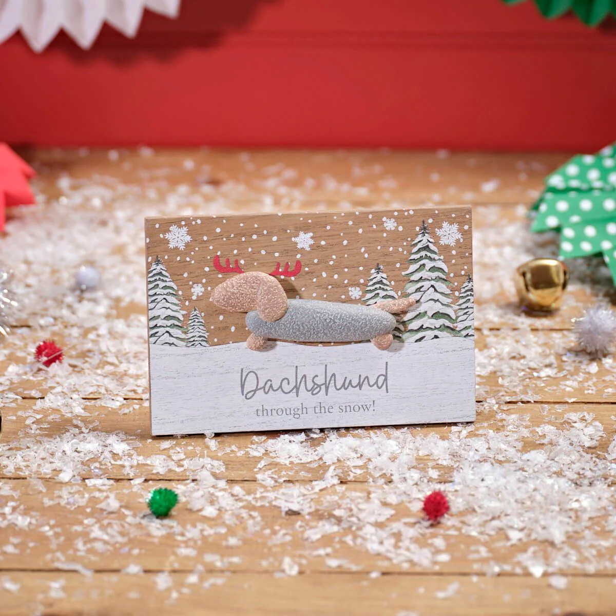 Furry & Festive Wood Easel Plaque With Resin Daschund