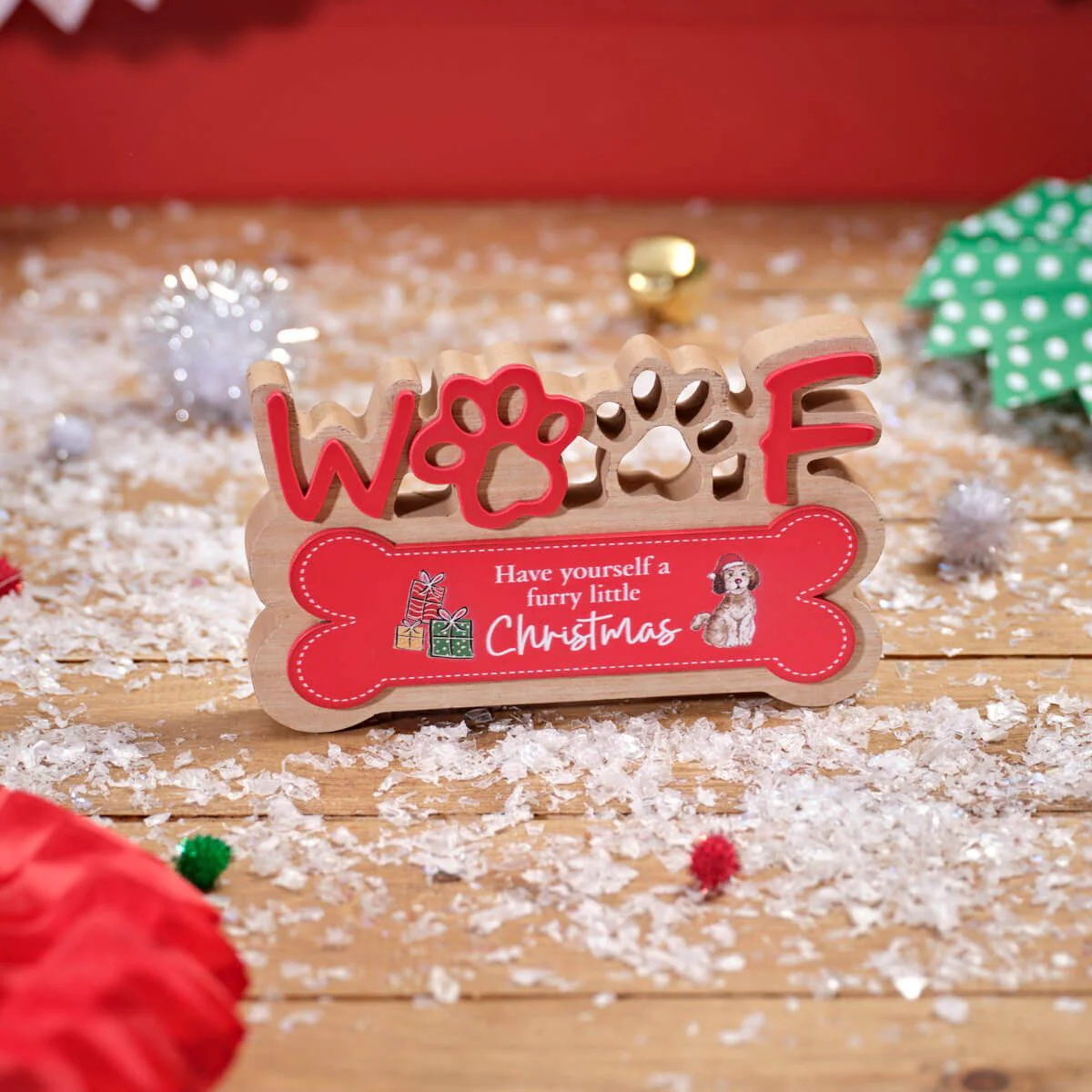 Furry & Festive Dog Cut Out Woof Christmas Block