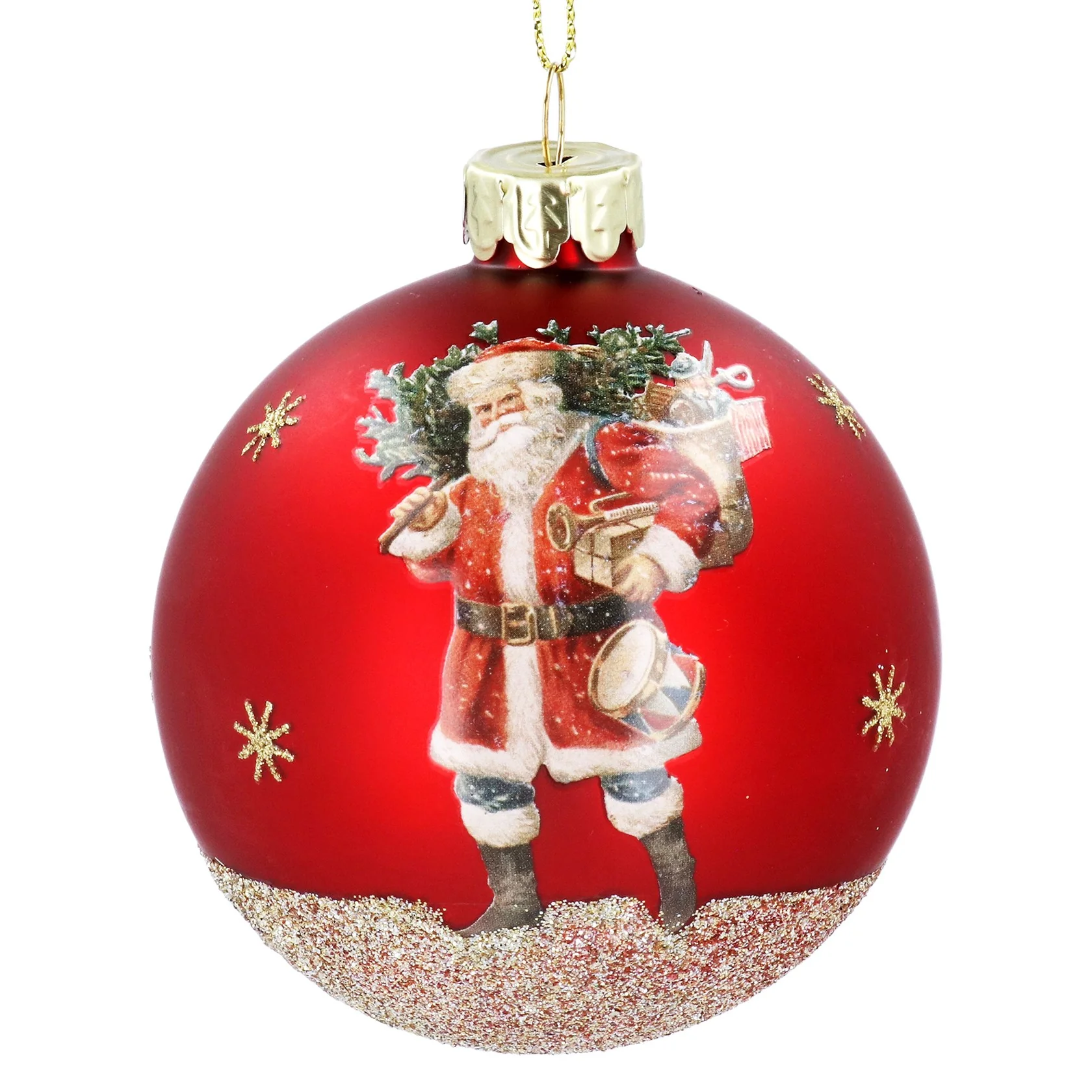 Gisela Graham - Matt Red with Gold Sparkles and Santa Detail Tree Decoration / Bauble