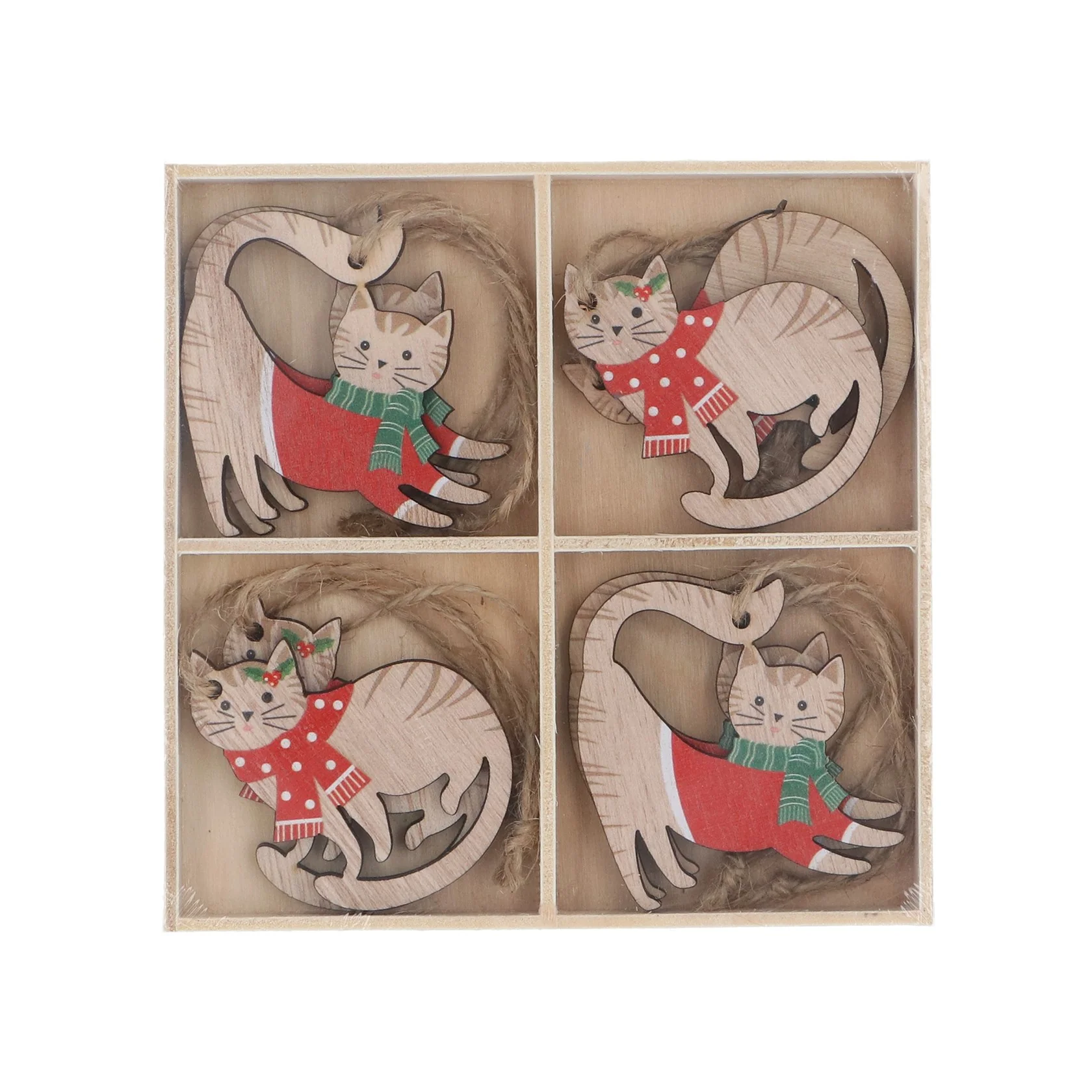 Gisela Graham - Painted Wood Cat Christmas Decorations - Box of 8
