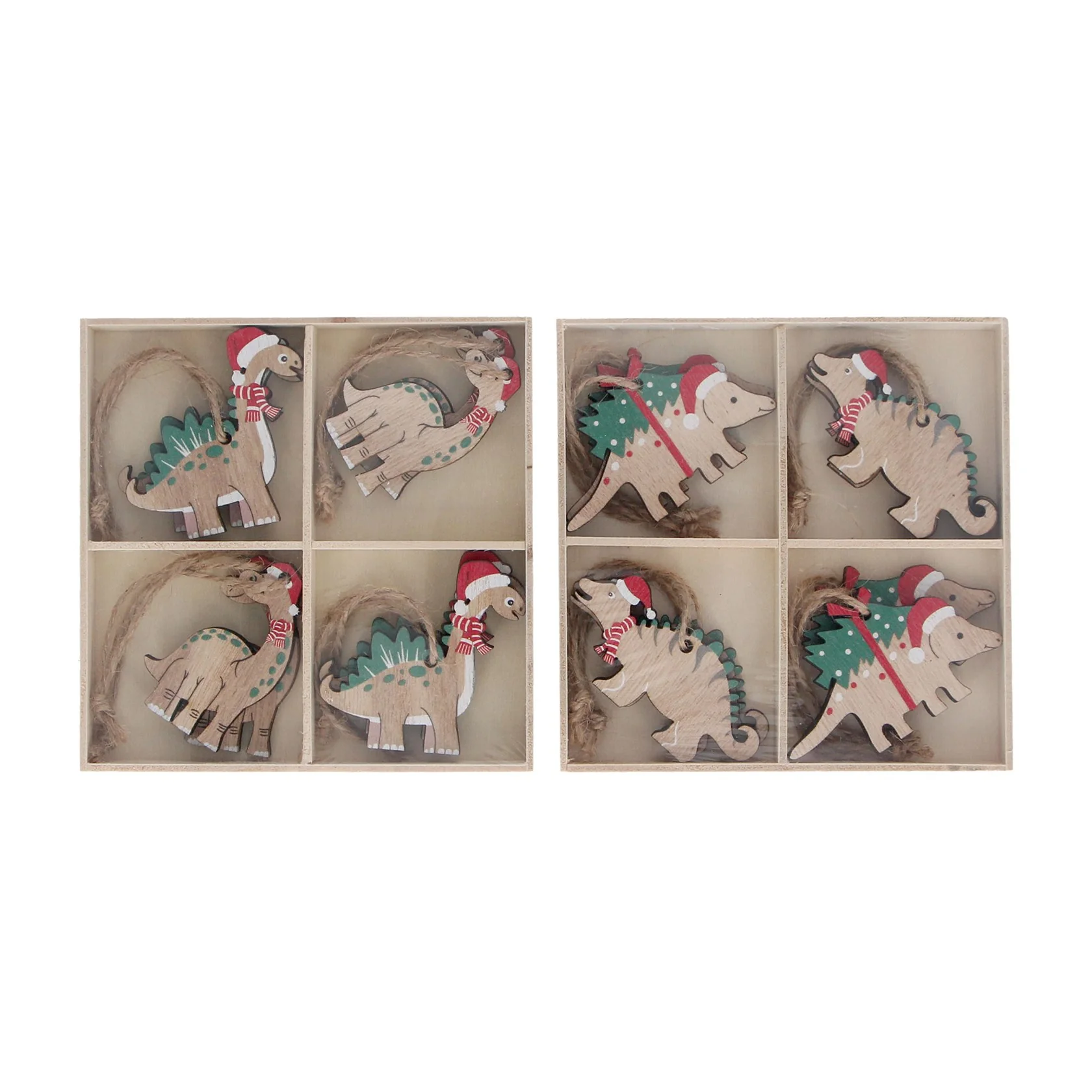 Gisela Graham - Painted Wood Dinosaur Christmas Decorations - Box of 8