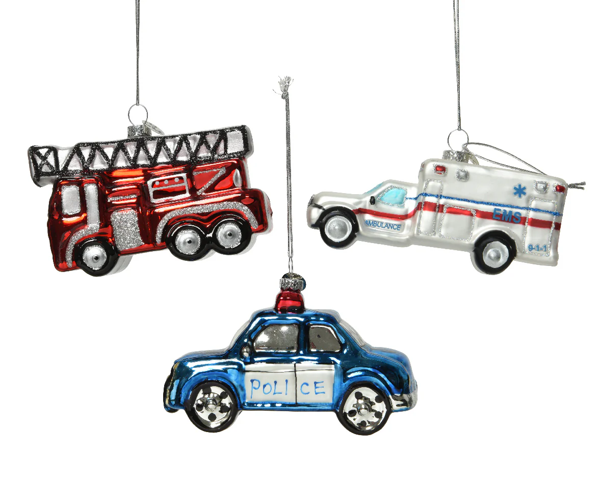 Glass Emergency Service Vehicle Christmas Bauble