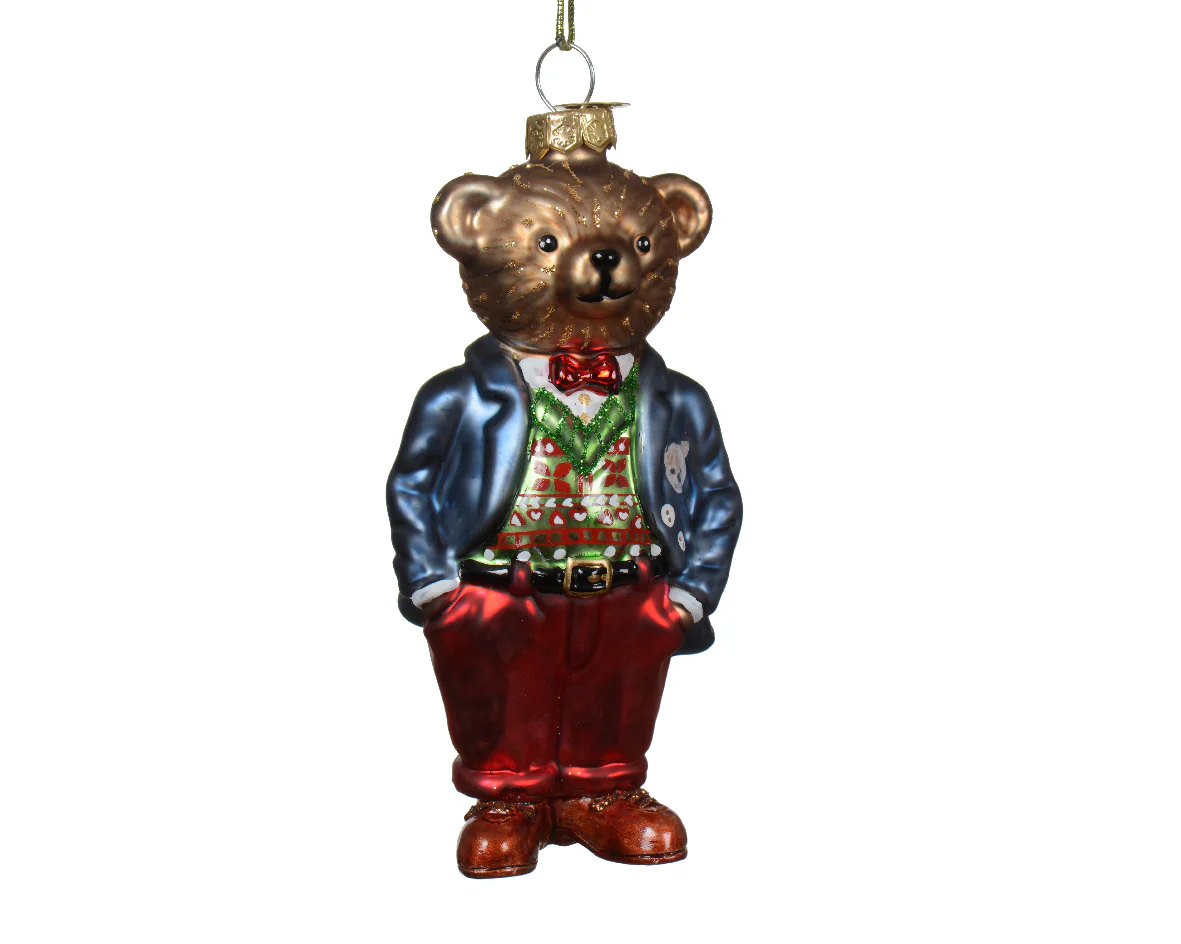 Glass Dressed Teddy Bear Hanging Christmas Bauble