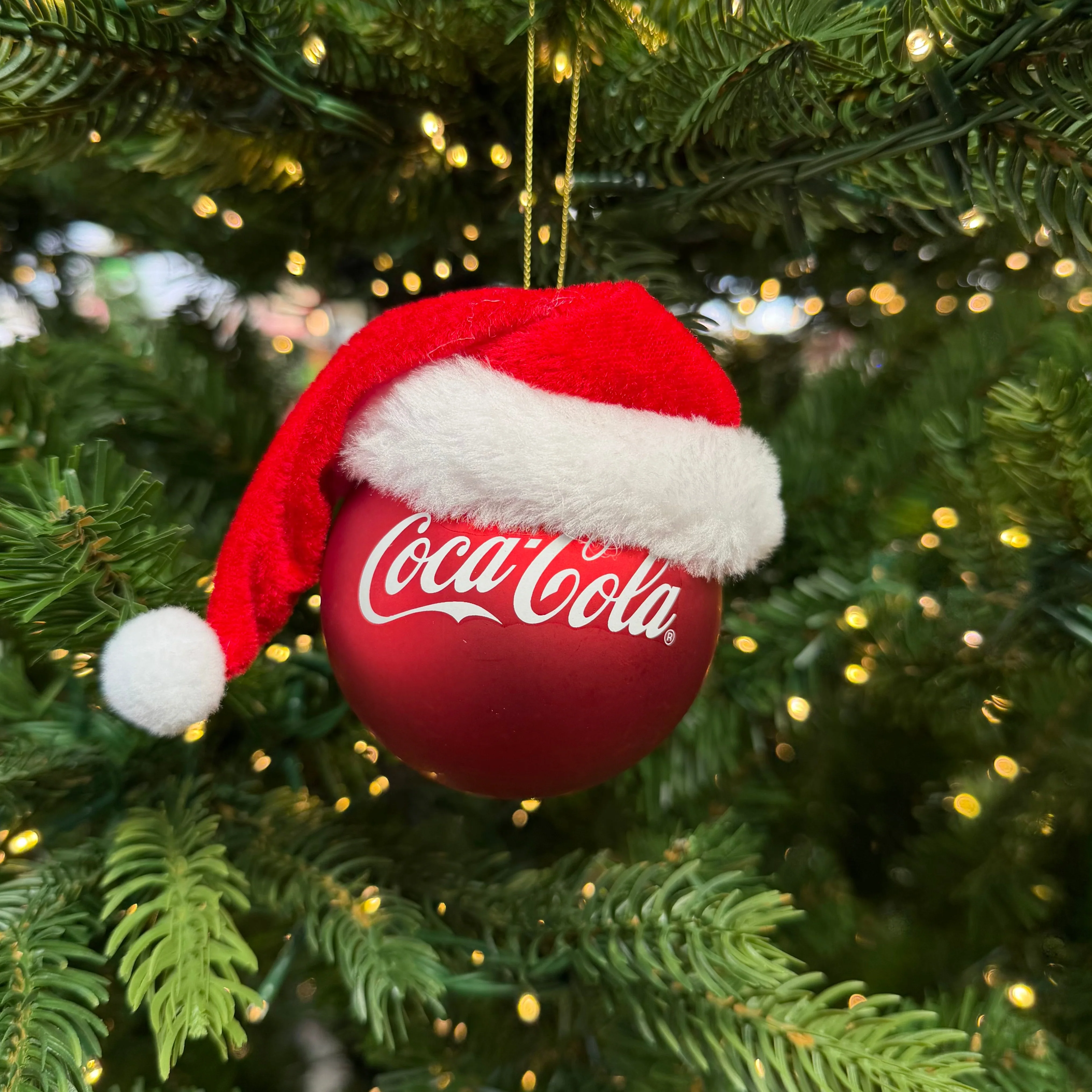 Glass Coca Cola Round Bauble with Santa Hat Christmas Bauble