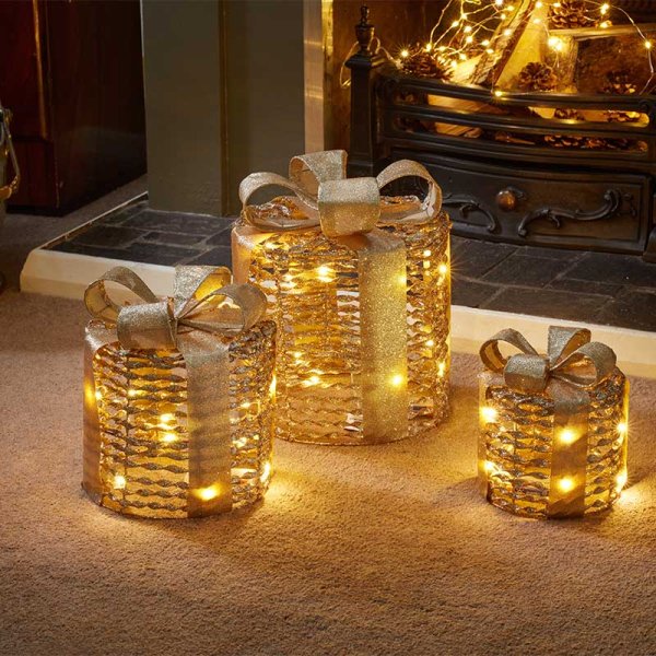 Gold GlitterTwist Christmas Light Up Gift Boxes Parcels Set of 3 - 45 LEDs - Battery Operated