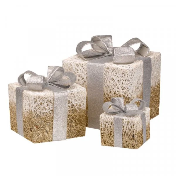 Gold Sparkly Faux Christmas Light Up Gift Boxes / Presents - Set of 3 - 45 LEDs - Battery Operated - Image 5