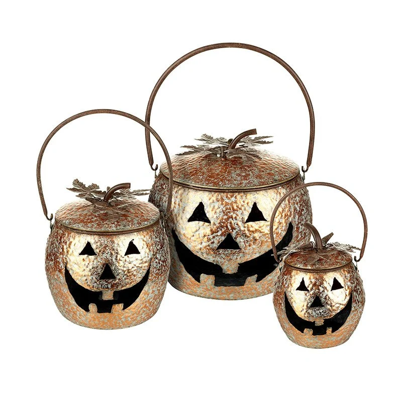 Stunning Golden Orange Metal Decorative Pumpkins - Set of 3