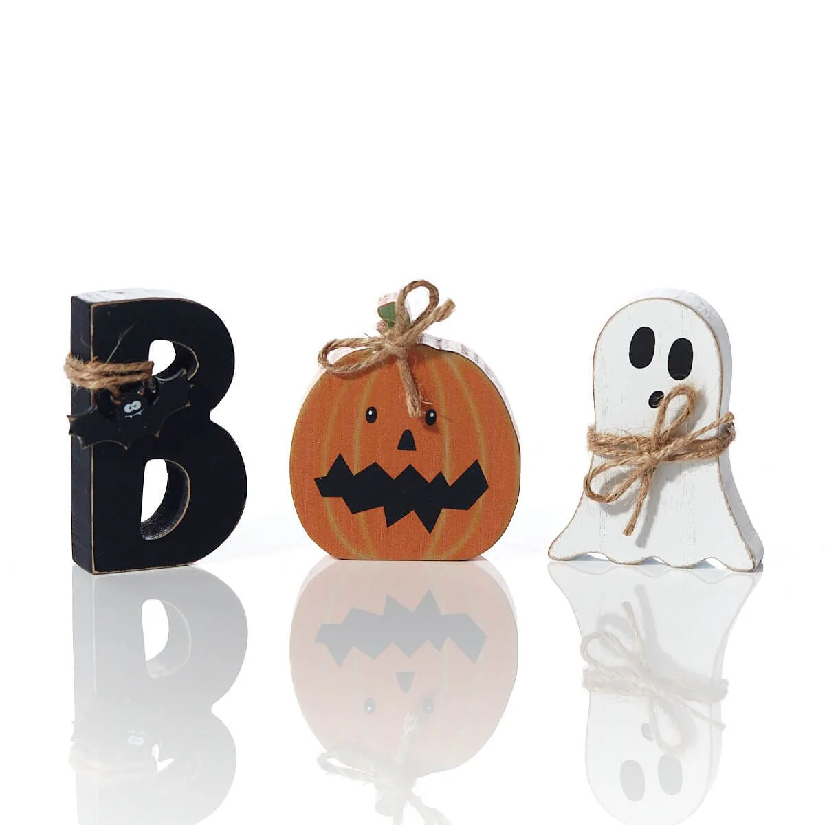 Halloween Boo Character Block Set of 3 Wooden with String Accents Sign - Image 2