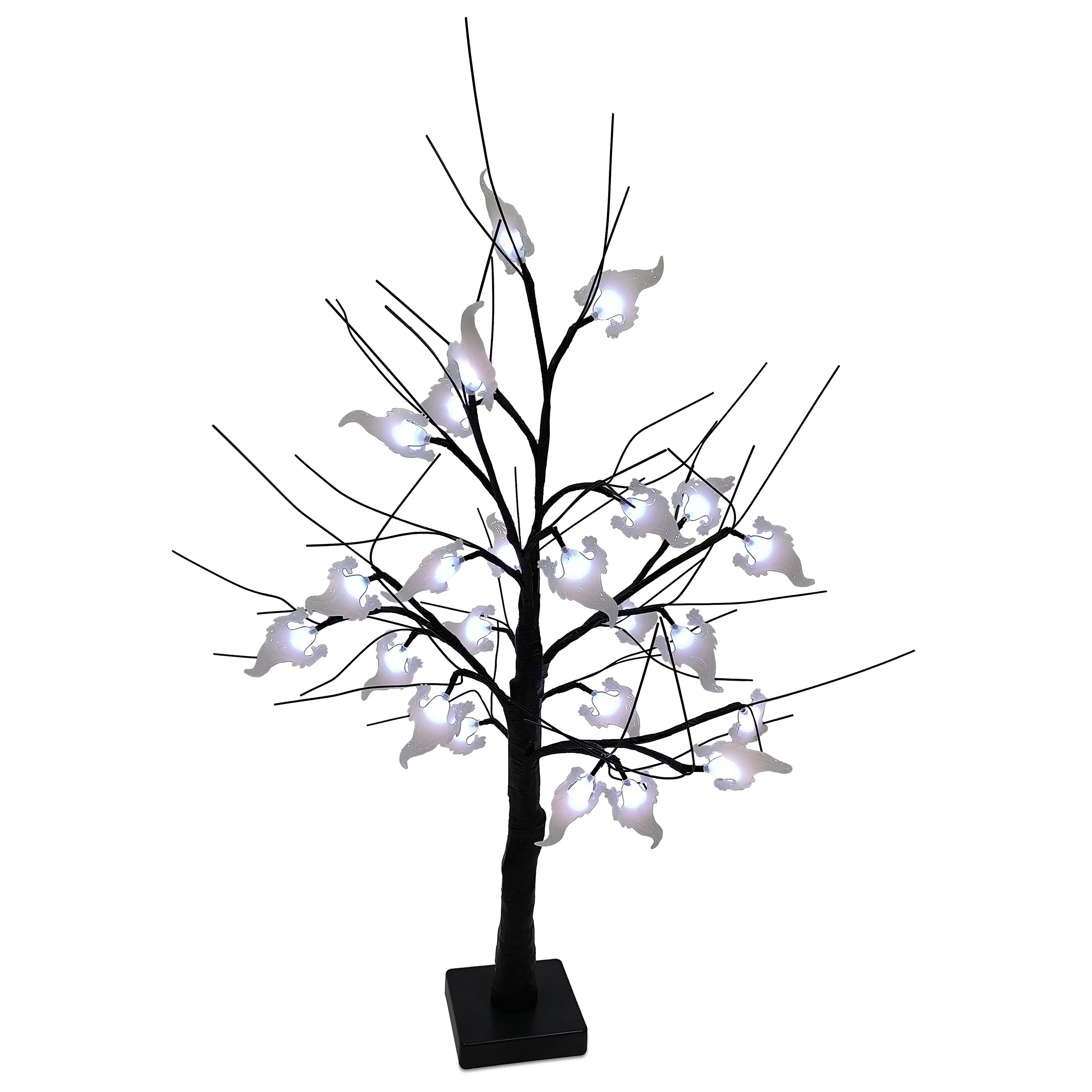 Halloween Lit Black Twig Tree with Ghosts and 24 Battery Operated White LEDs and Timer 60cm