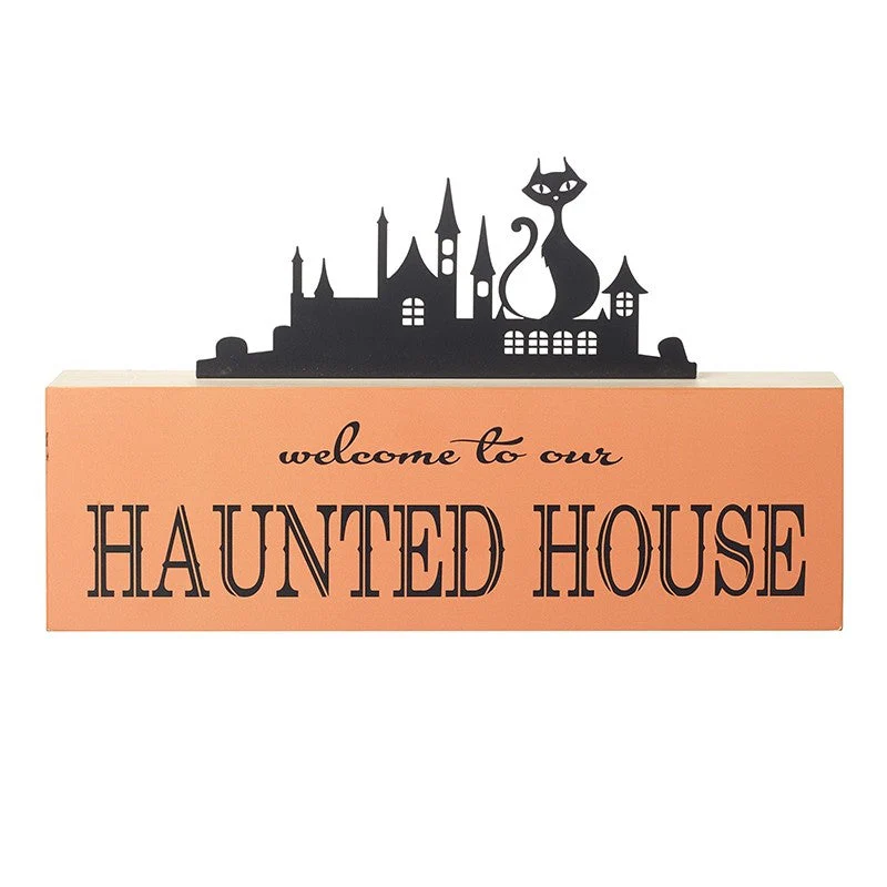 Halloween Welcome to Our Haunted House Metal & Wood Table Top Sign
