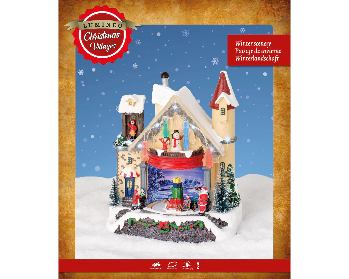 Animated Winter Castle Village Scene Battery Operated with Drop Light Micro LED Icicles - Image 3