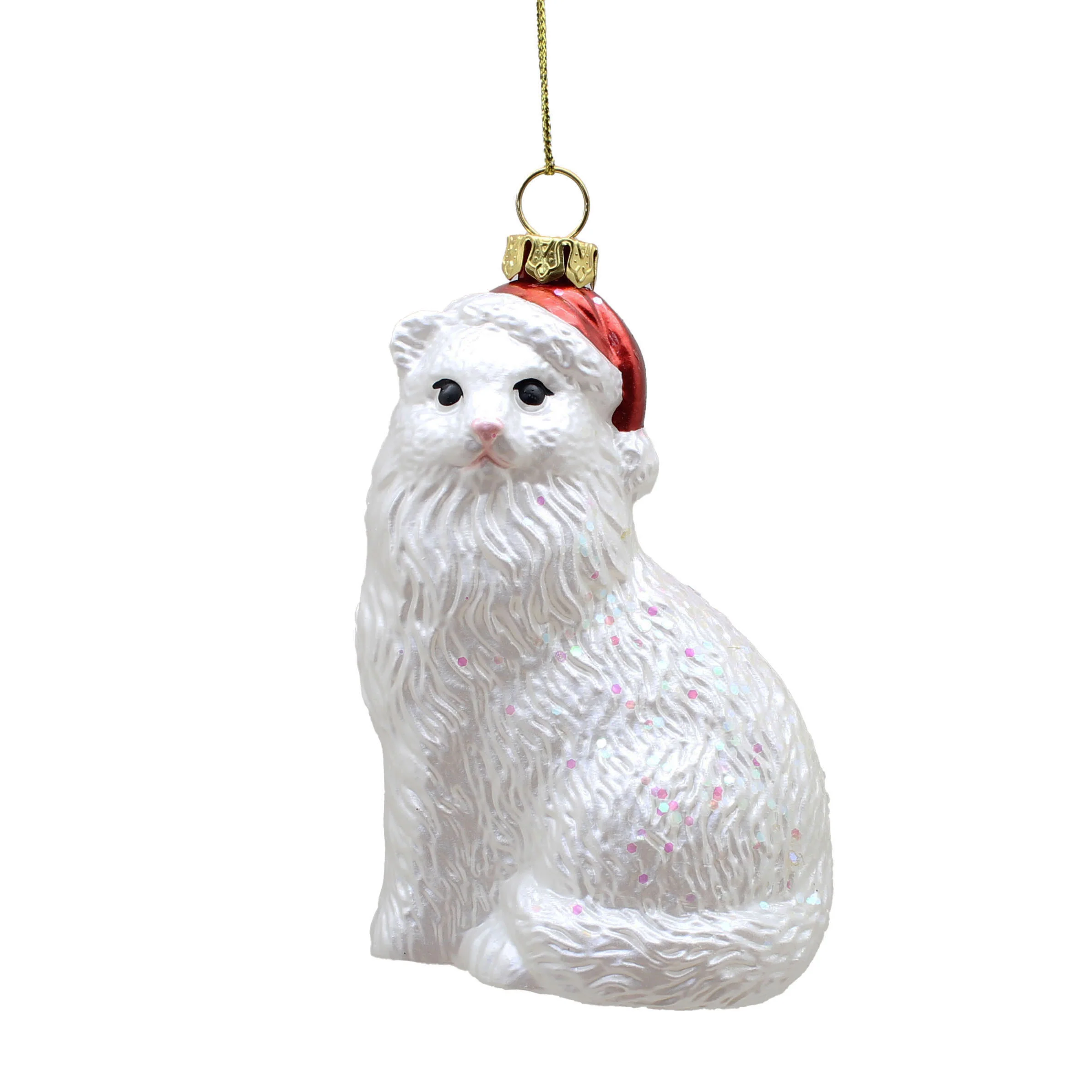 Hanging Sitting White Cat with Red Santa Hat Christmas Tree Decoration