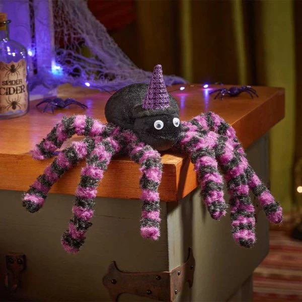 X-Large Inlit FurryPhobia Light Up Spider with Purple Striped Legs & Witches Hat Halloween Decoration