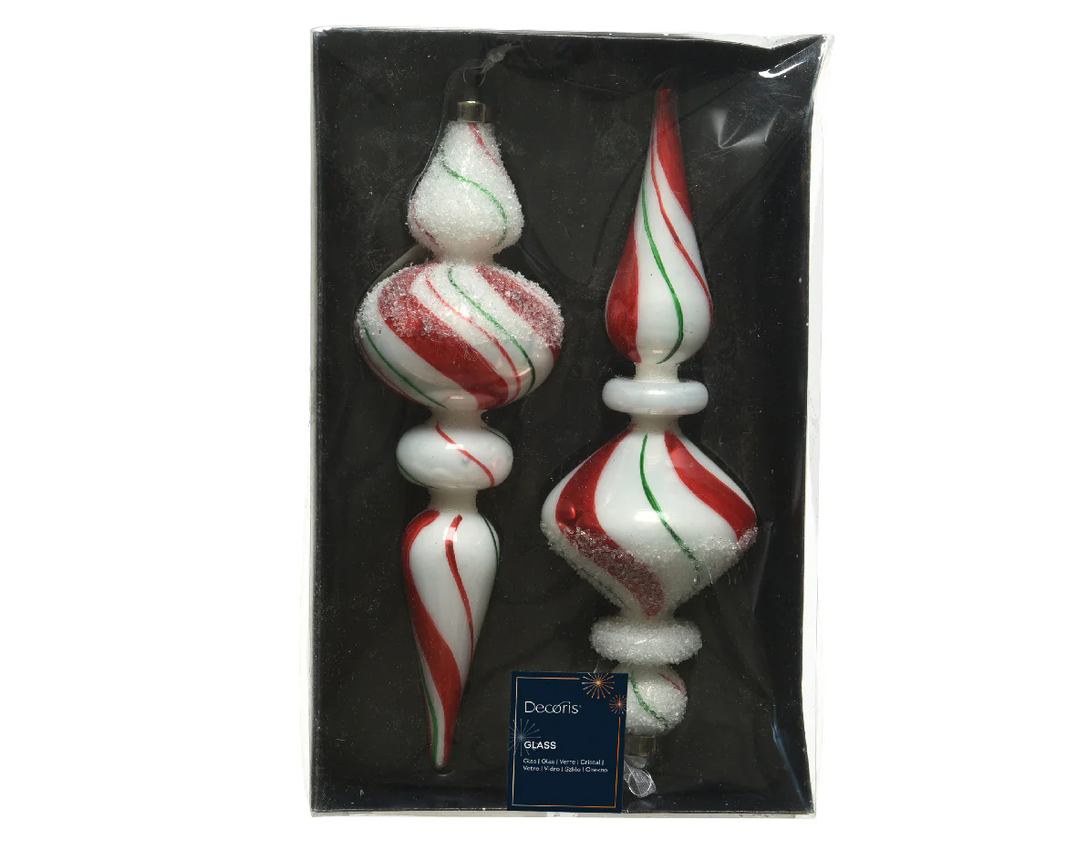 Pack of 2 Intricate Snowy Candy Cane Striped Glass Hanging Ornaments - 24cm - Image 3