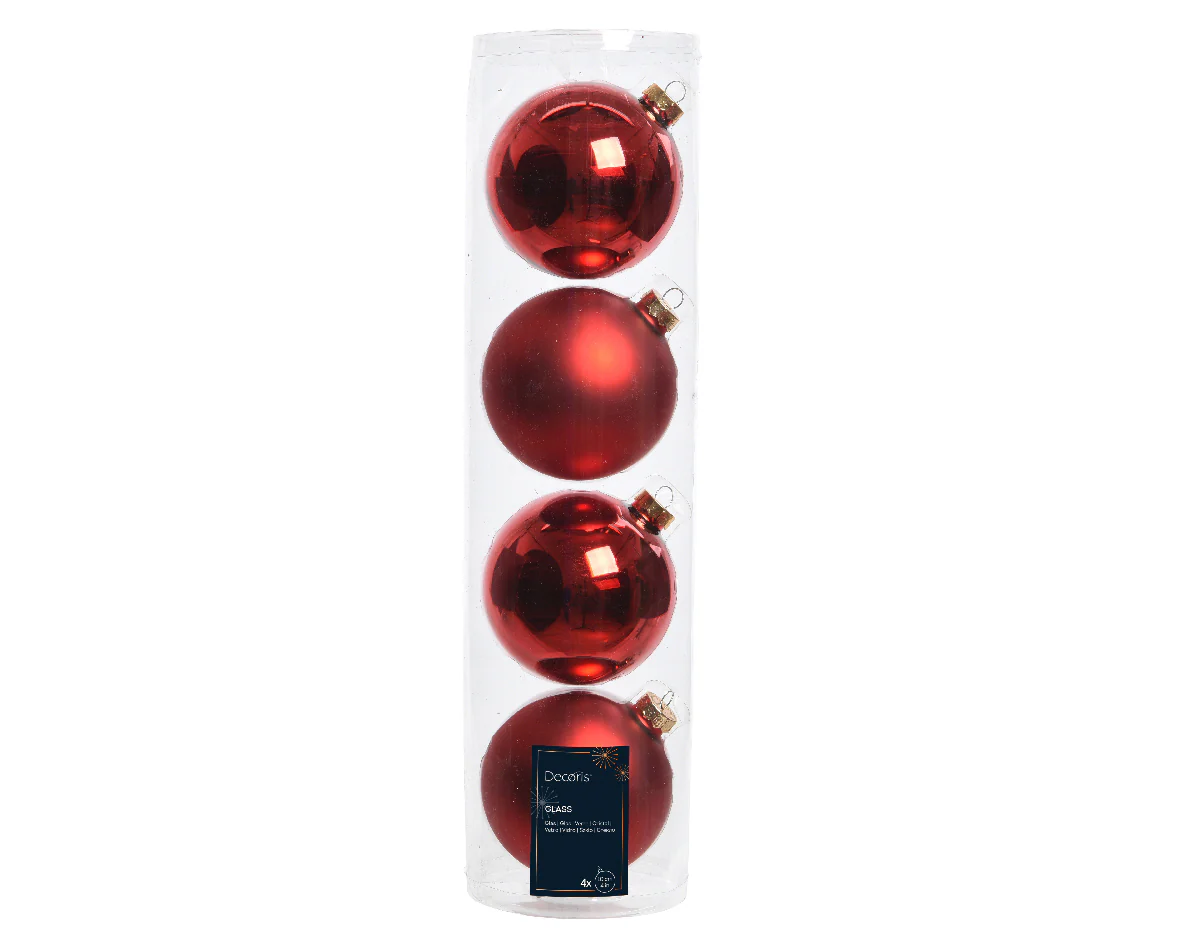 Large Christmas Red Glass Baubles Shiny & Matte 10cm - Box of 4
