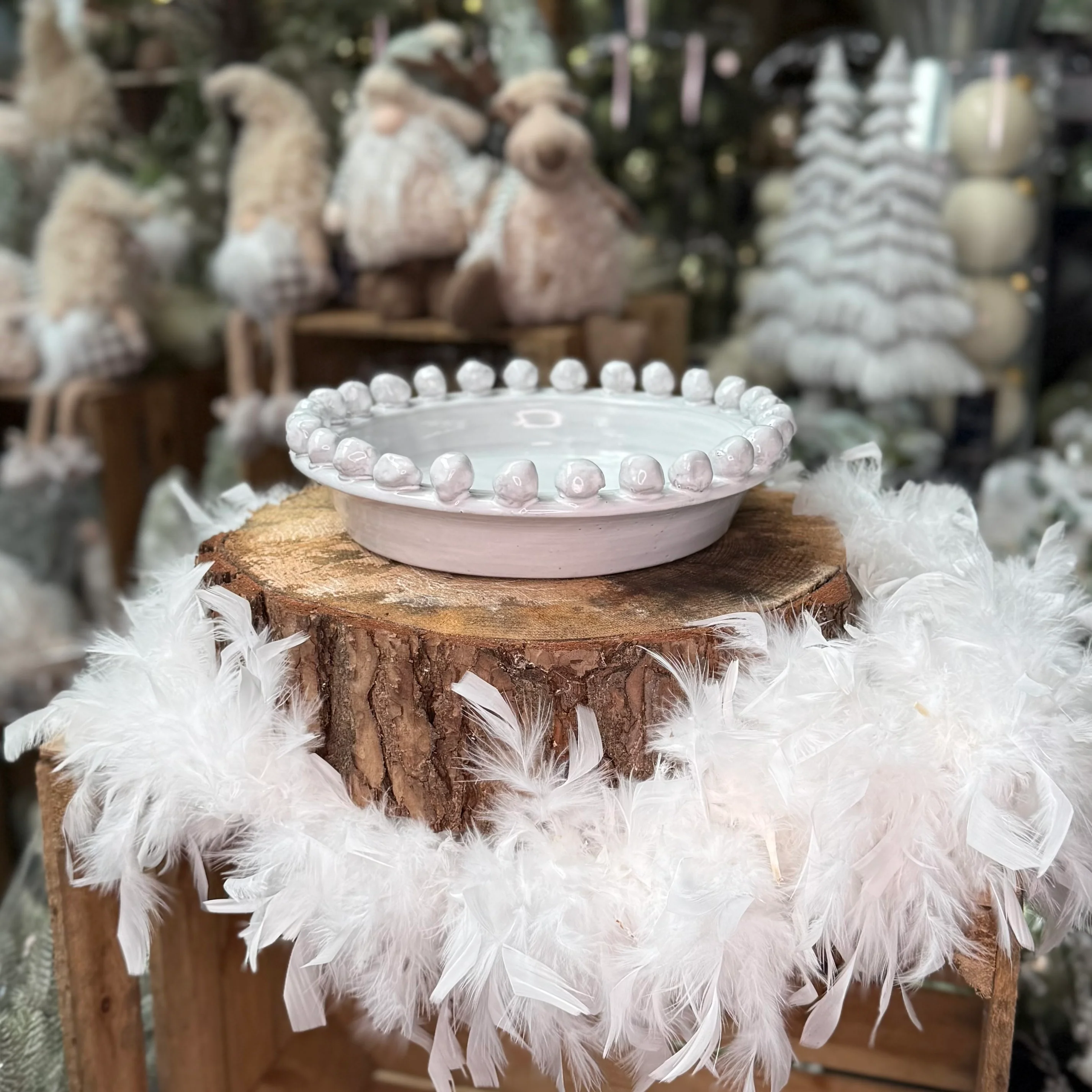 Large Distressed White Ceramic Bowl with Small Ball Edging - 28cm - Image 4