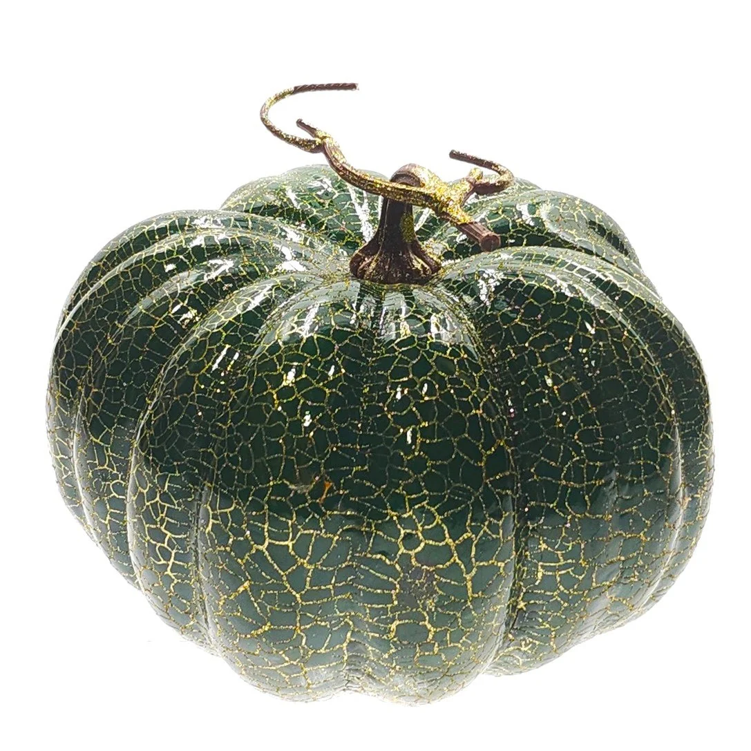 Large Green Crackle Pumpkin with Glitter Stalk - 25cm