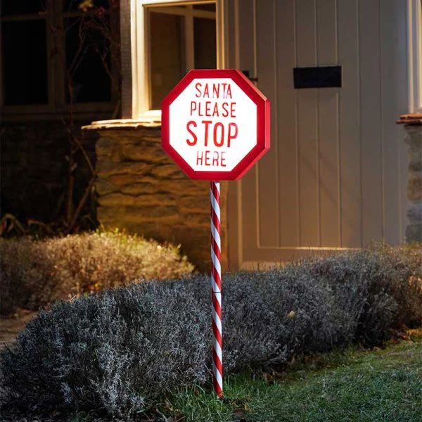 Large Light Up Santa Stop Here Candy Cane Stake - 110cm