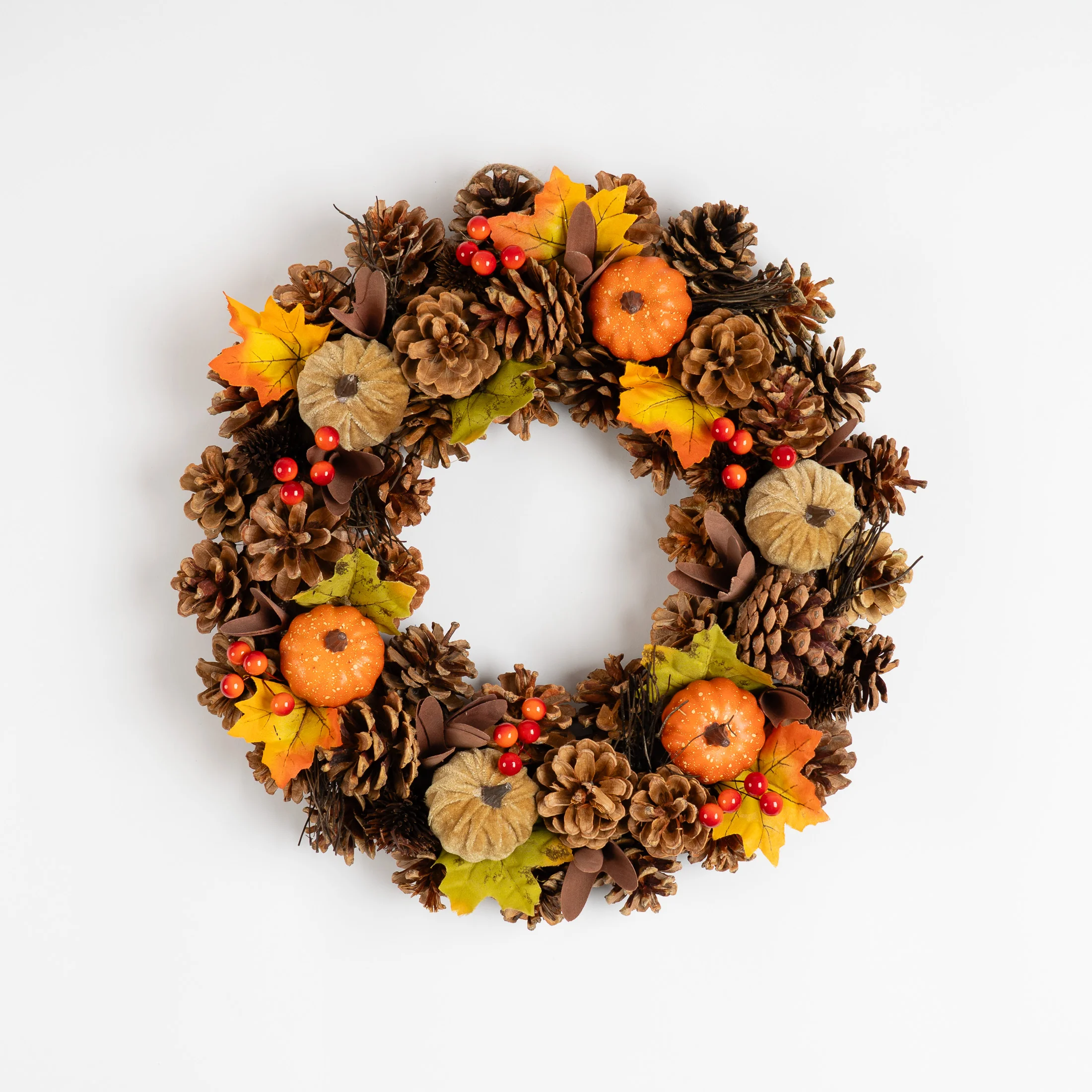 Large Mini Autumn Pumpkin Wreath with Foliage & Pinecones - 36cm