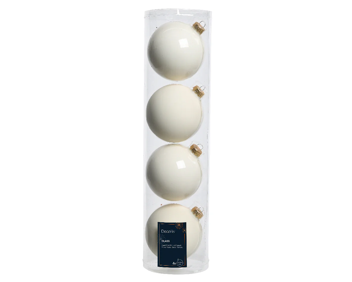 Large Wool White Glass Baubles Shiny & Matte 10cm - Tube of 4