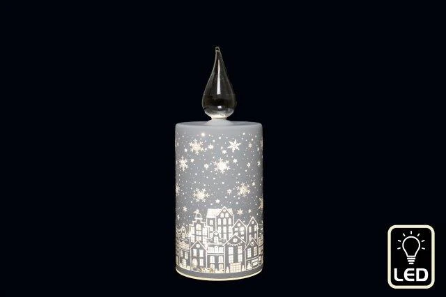LED Light Up Glass Candle White with City Skyline Etch - 19cm