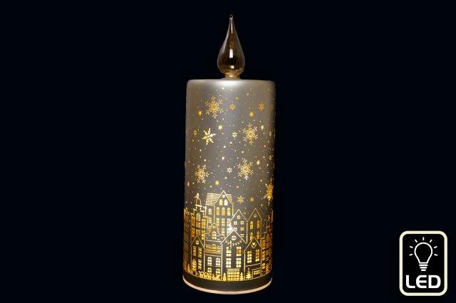 Led Glass Candle City Scene 9x26.5cm