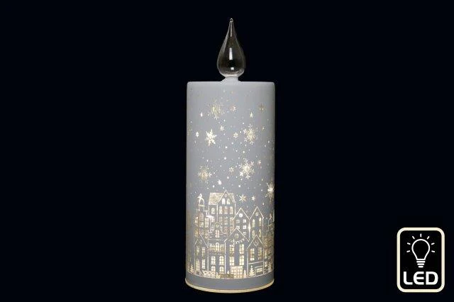 LED Light Up Glass Candle White with City Skyline Etch - 26.5cm