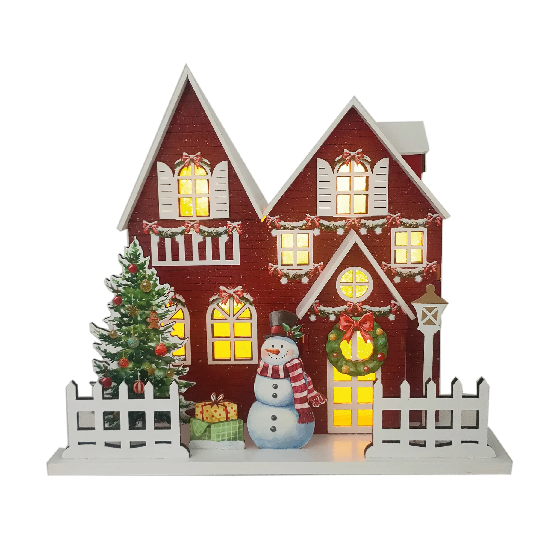 Wooden Light Up Red Christmas House with Snowman - 22cm