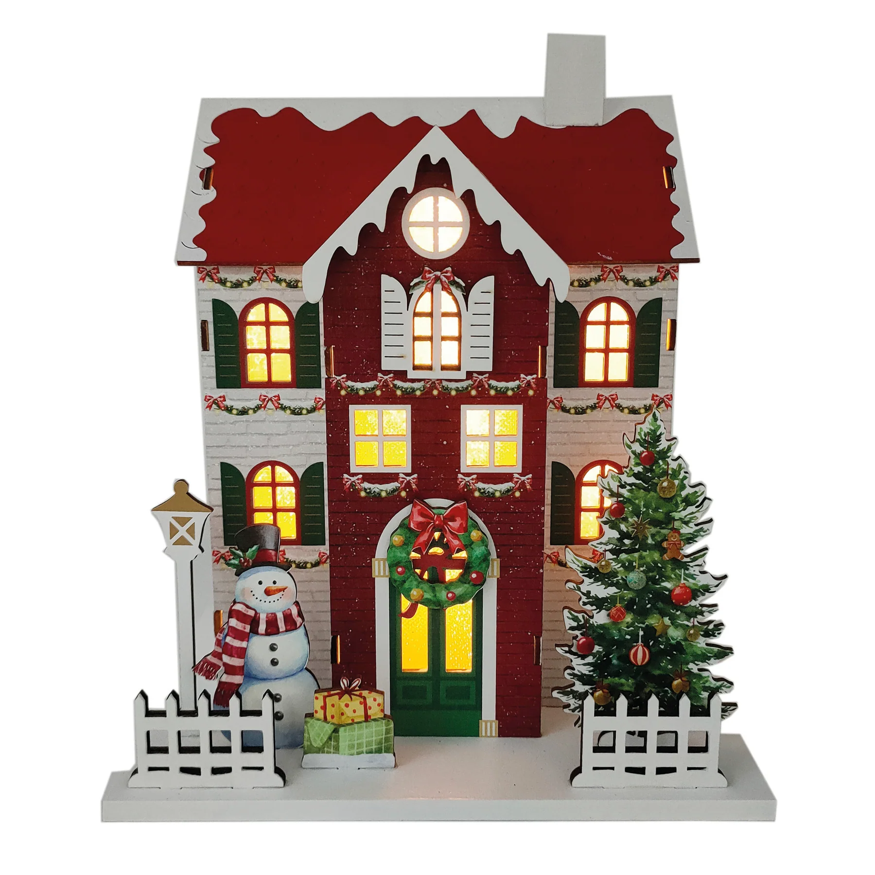 Light Up Red Wooden Christmas House - 24cm