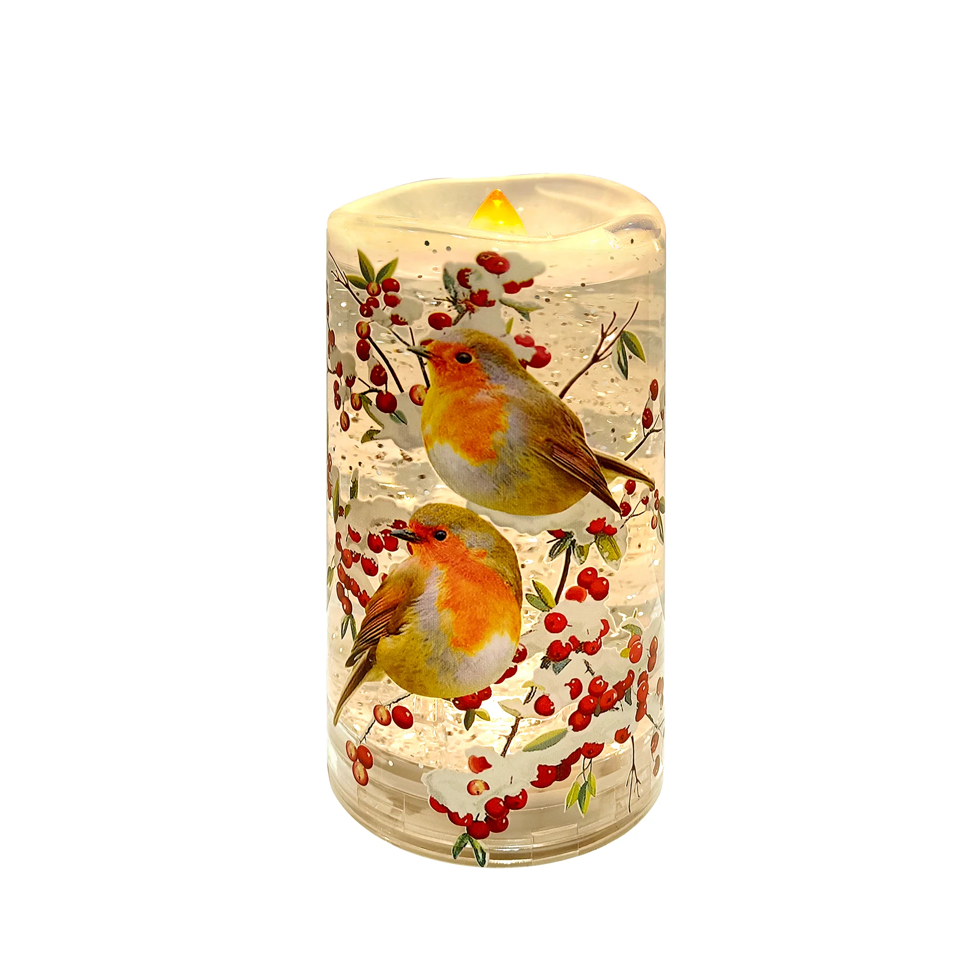 Light Up Robin Candle Shaped Glitter Water Spinner - 15cm