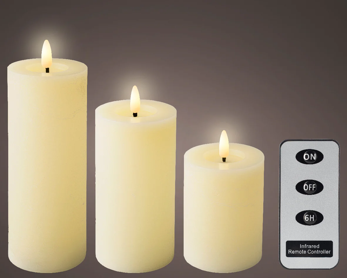 LED Set of 3 Cream Wax Candles with Flame Effect