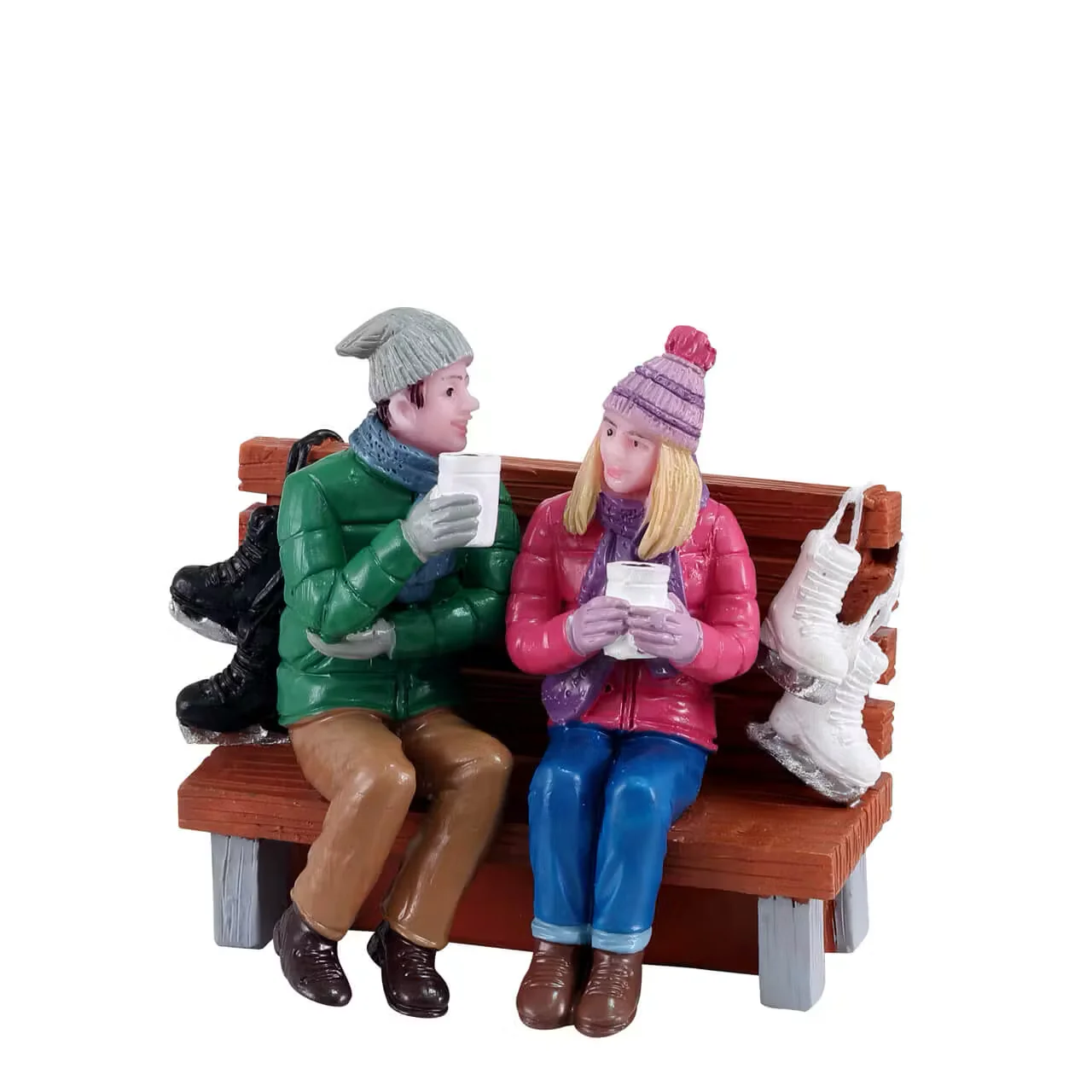 Lemax Hot Cocoa Drinkers on Bench with Ice Skates- Christmas Figurine