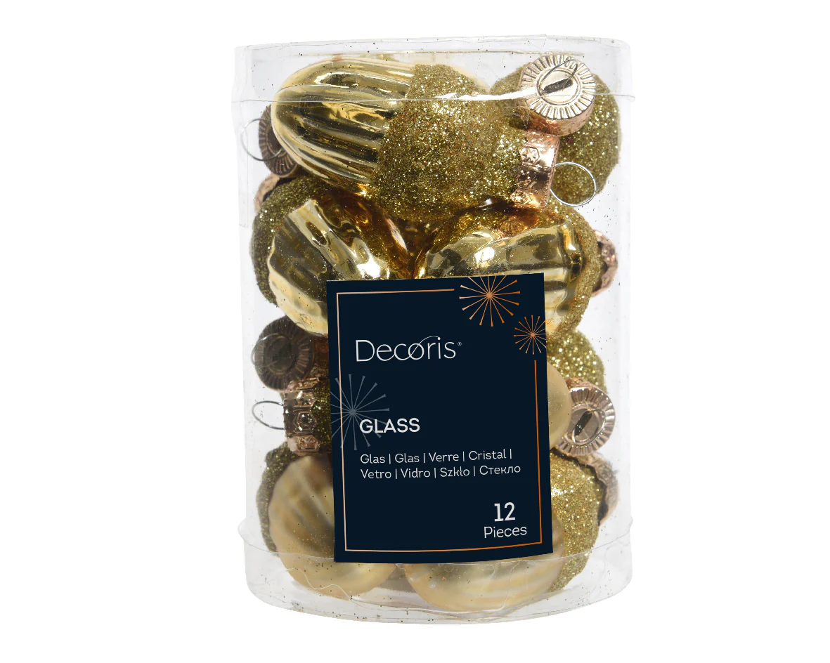 Light Gold Acorn Shiny and Matte Glass Glitter Baubles - Tube of 12