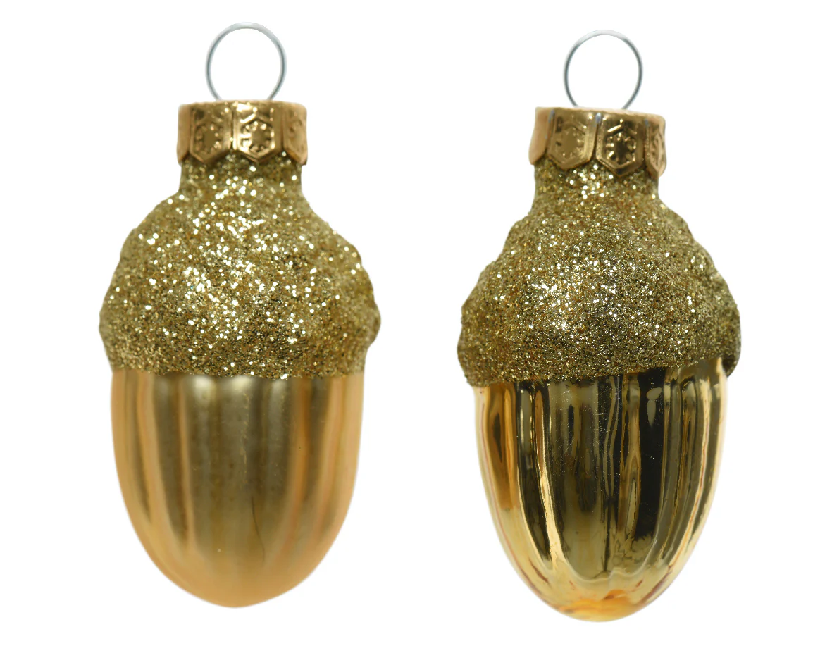 Light Gold Acorn Shiny and Matte Glass Glitter Baubles - Tube of 12 - Image 2