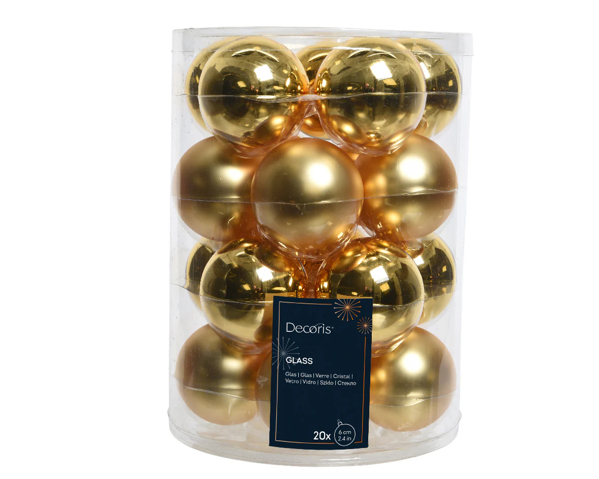 Light Gold Shiny & Matt Mix of Glass Baubles - Tube of 20