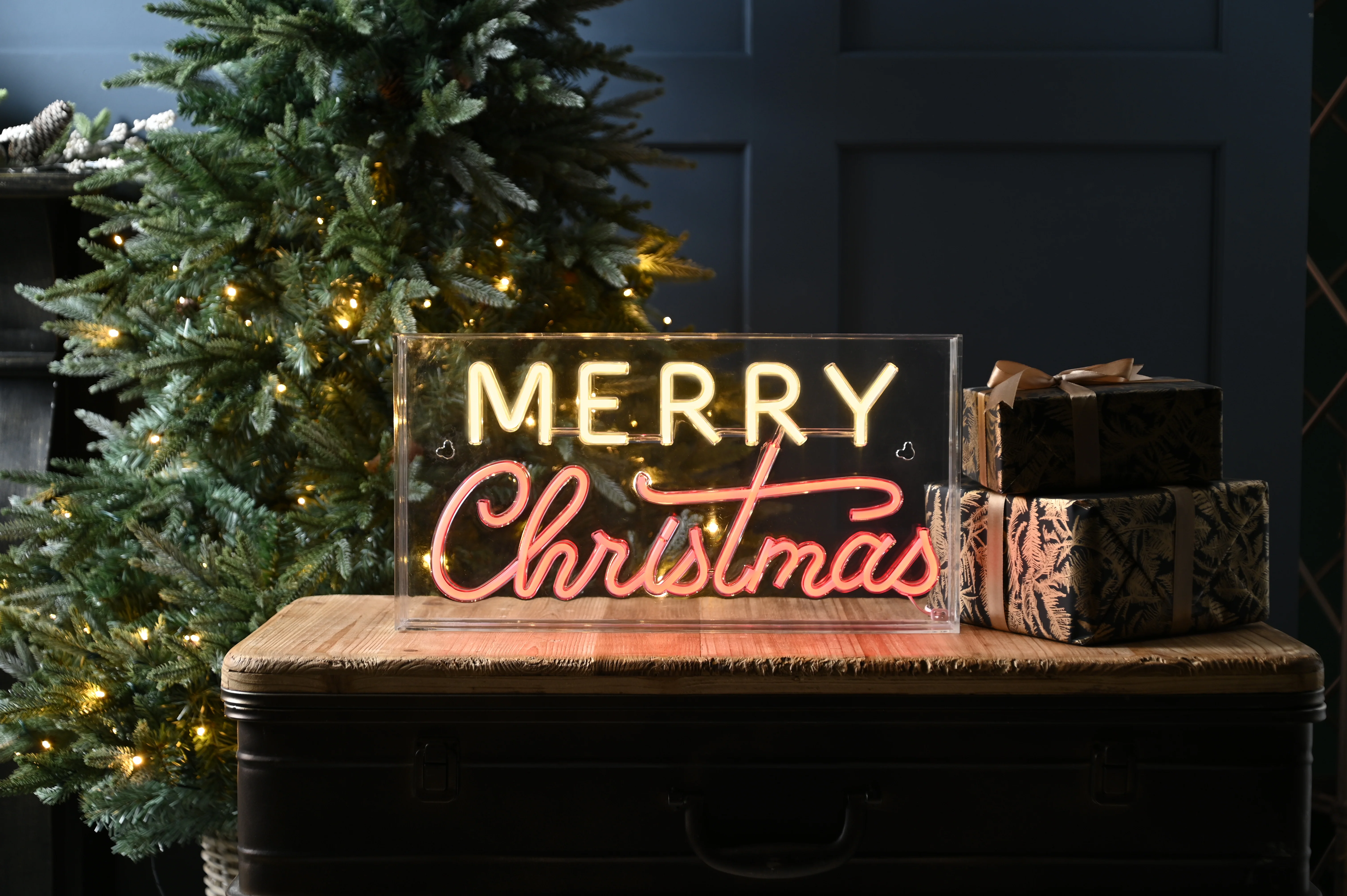 Light Up Red & Warm White Neon Merry Christmas Sign