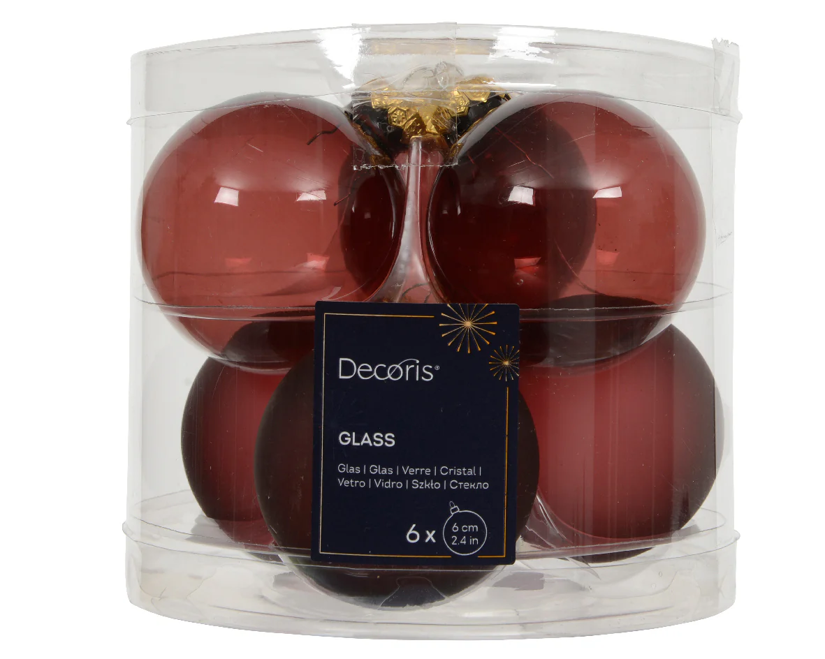 Maroon Transparent Glass Baubles Shiny & Matte 6cm - Box of 6