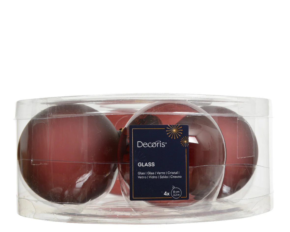 Maroon Transparent Glass Baubles Shiny & Matte 8cm - Box of 4