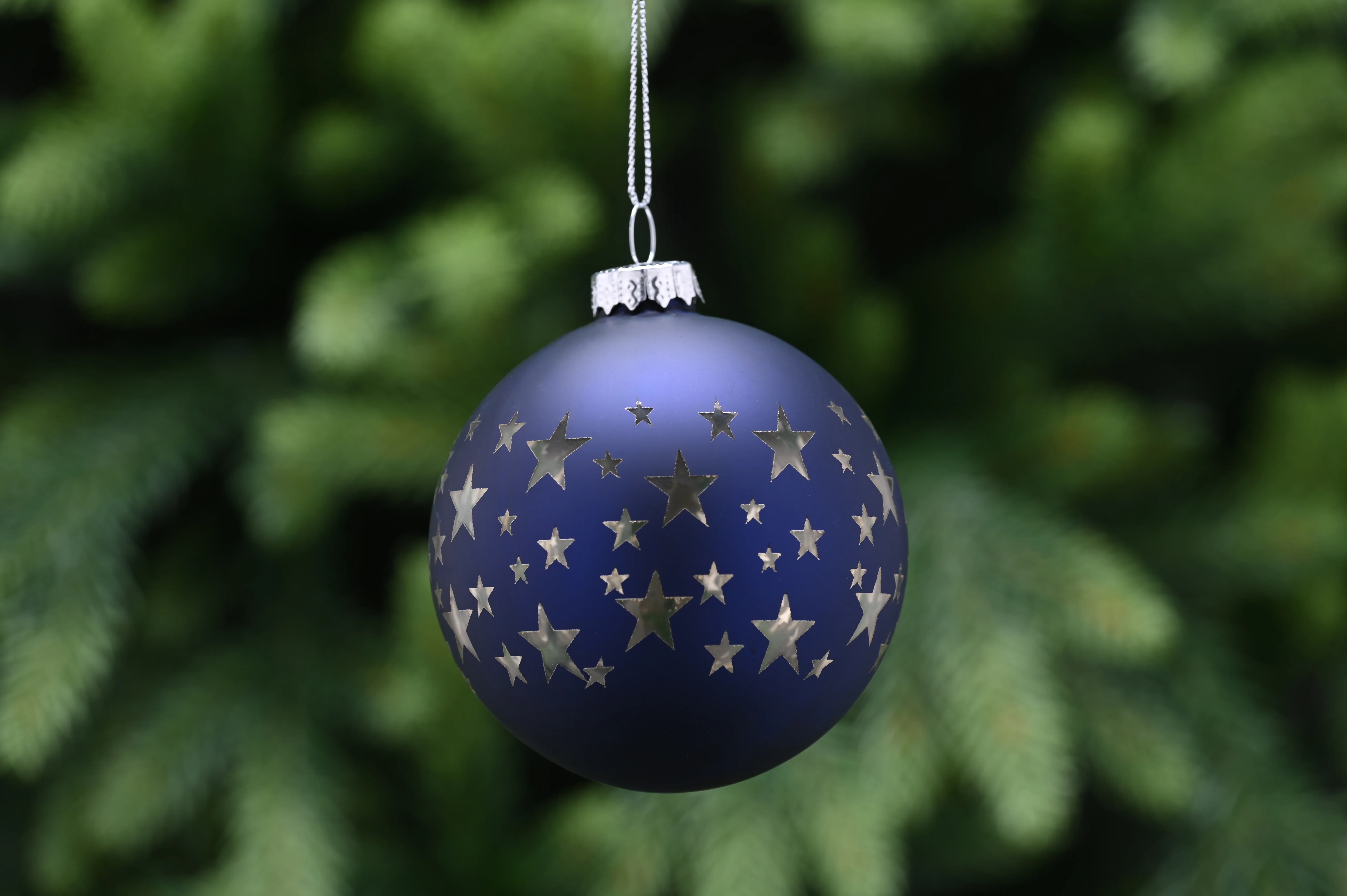 Matt Midnight Blue Glass Christmas Bauble with Silver Stars - 8cm