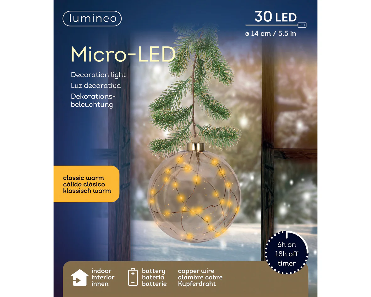 Micro LED Classic Warm Amber Glass Bauble with Garland Hanger - 14cm 30 LEDs - Image 4