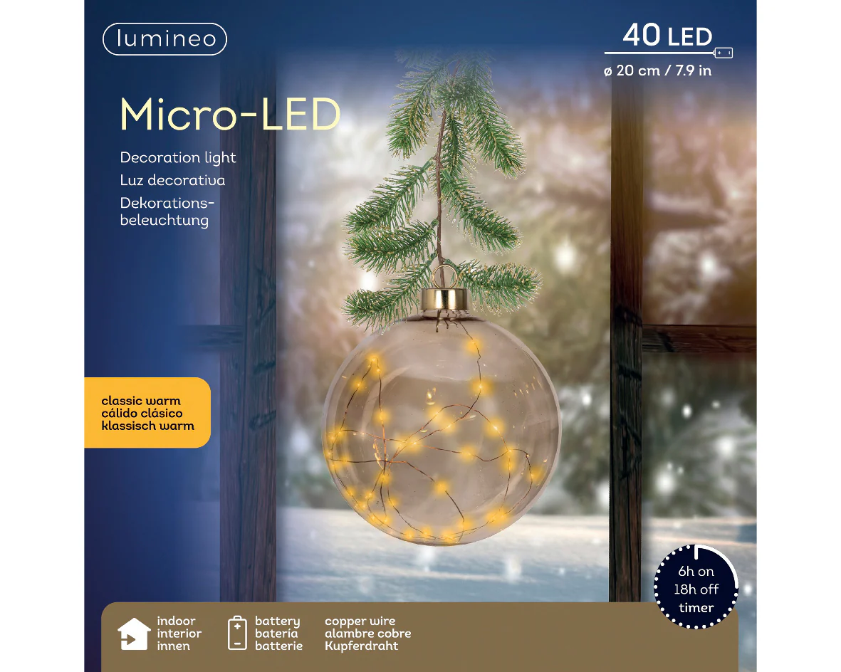 Micro LED Classic Warm Amber Glass Bauble with Garland Hanger - 20cm 40 LEDs - Image 3