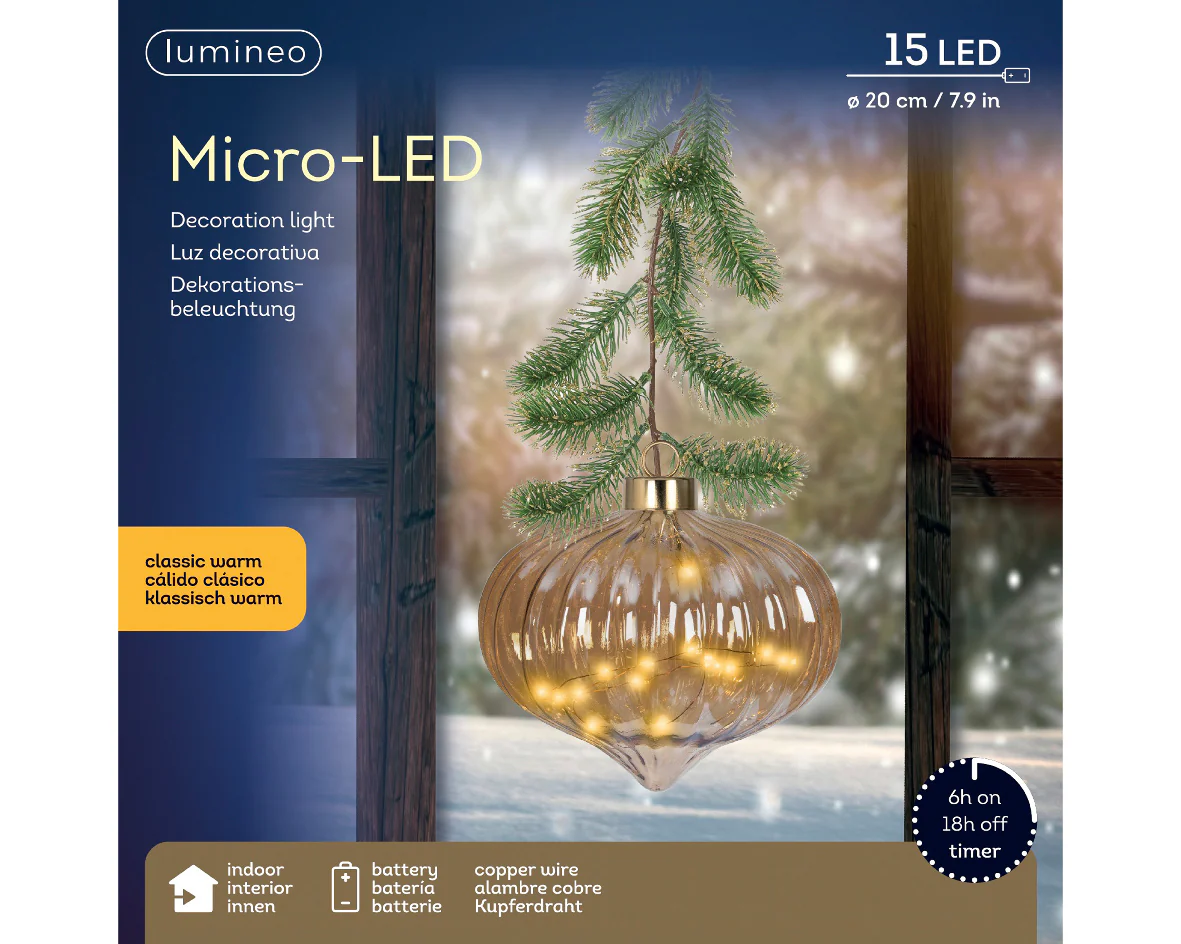 Micro LED Classic Warm Amber Glass Onion with Garland Hanger - 20cm 15 LEDs - Image 3