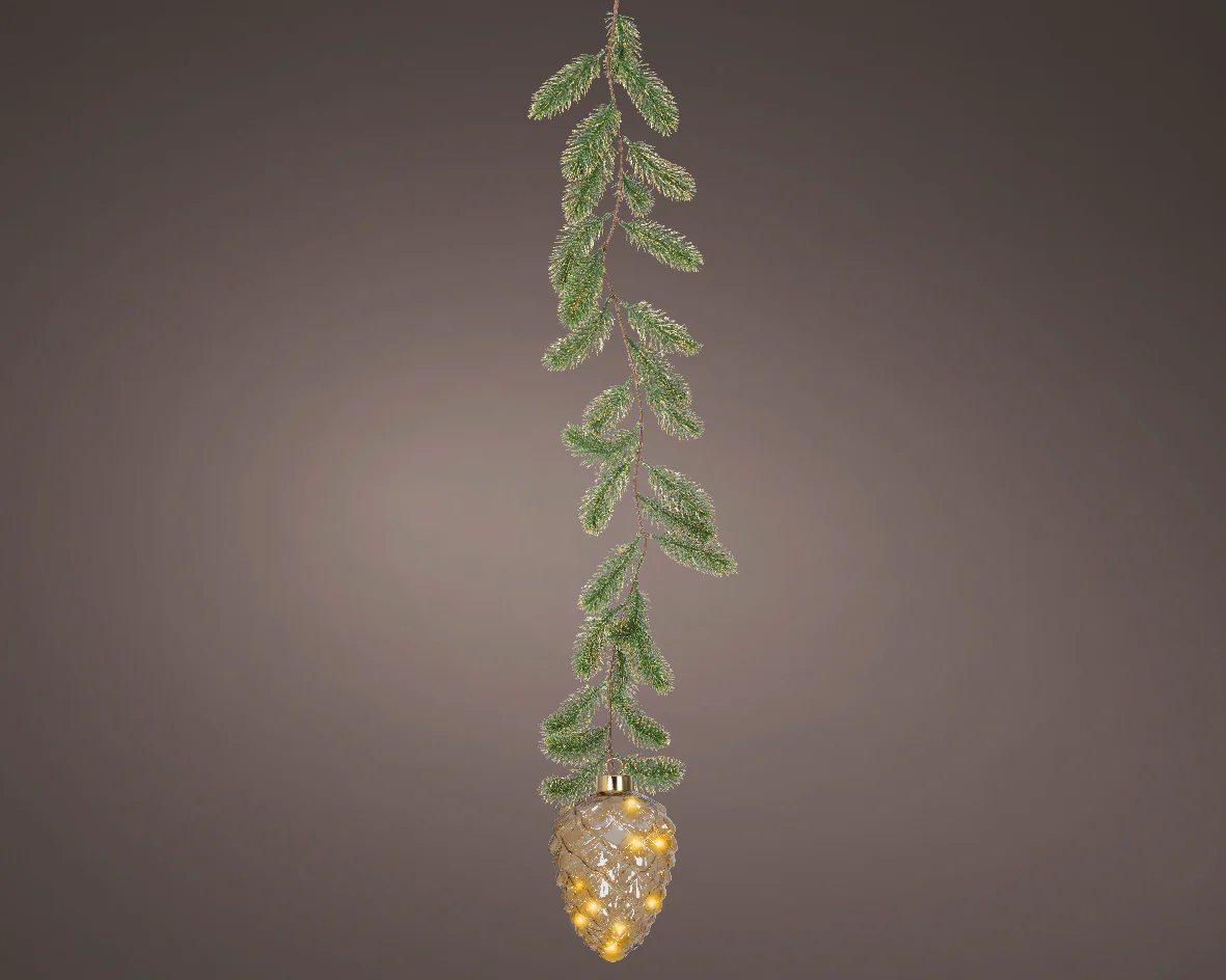 Micro LED Classic Warm Amber Glass Pinecone with Garland Hanger - 15cm 15 LEDs