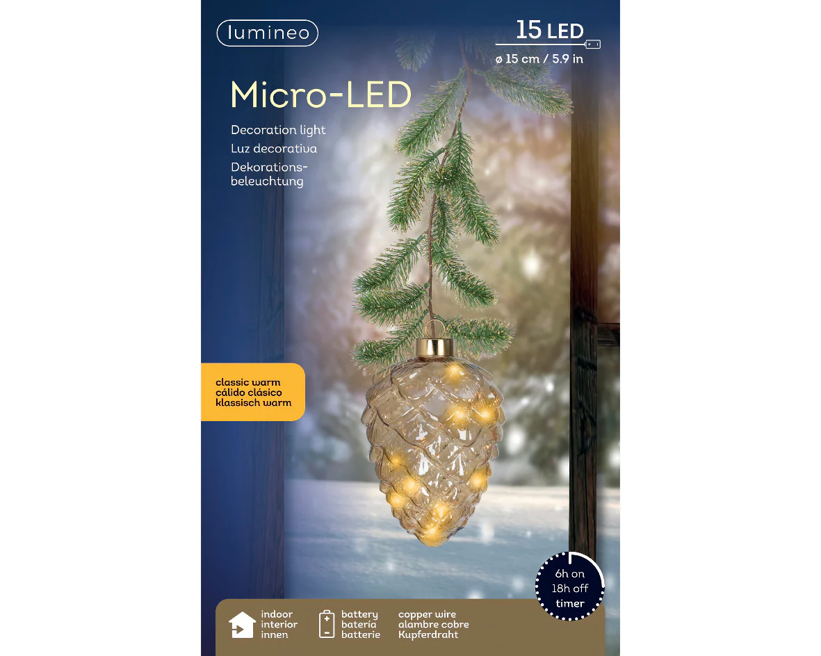Micro LED Classic Warm Amber Glass Pinecone with Garland Hanger - 15cm 15 LEDs - Image 3