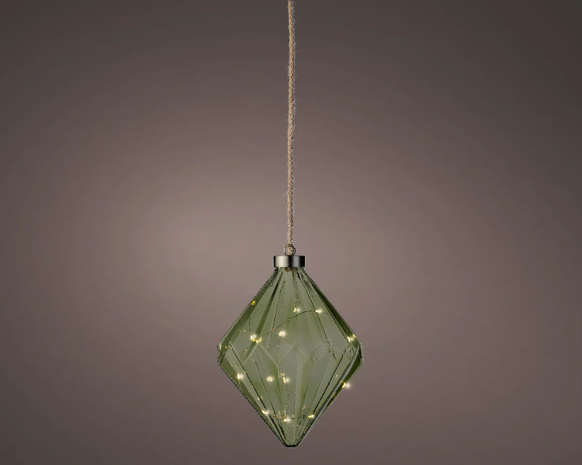 Micro LED Warm White Glass Green Diamond with Rope Hanger - 16cm 15 LEDs