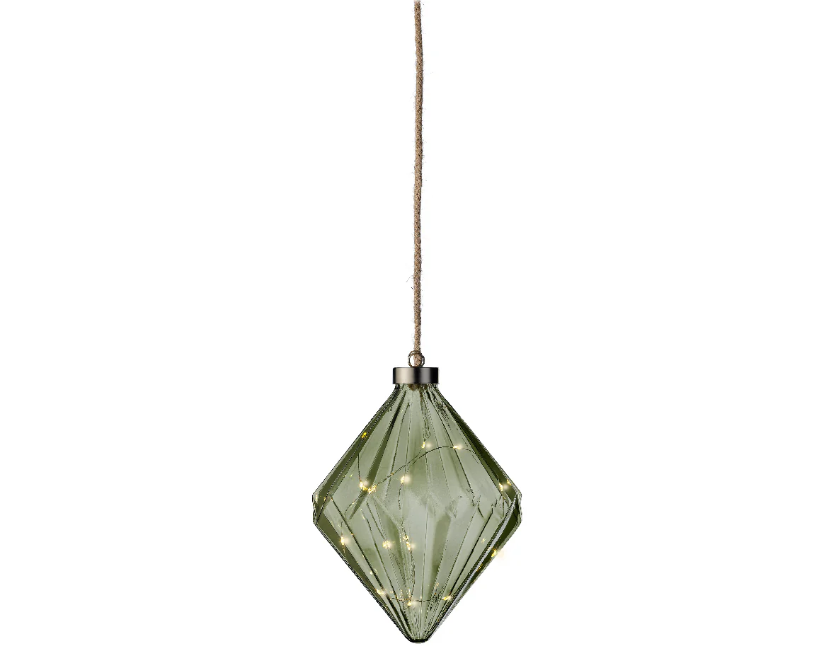 Micro LED Warm White Glass Green Diamond with Rope Hanger - 16cm 15 LEDs - Image 2