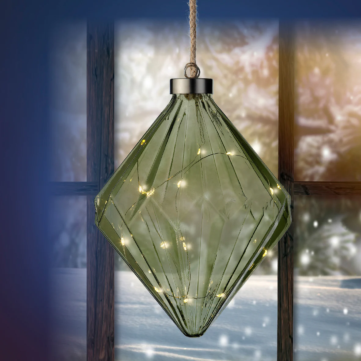 Micro LED Warm White Glass Green Diamond with Rope Hanger - 16cm 15 LEDs - Image 3