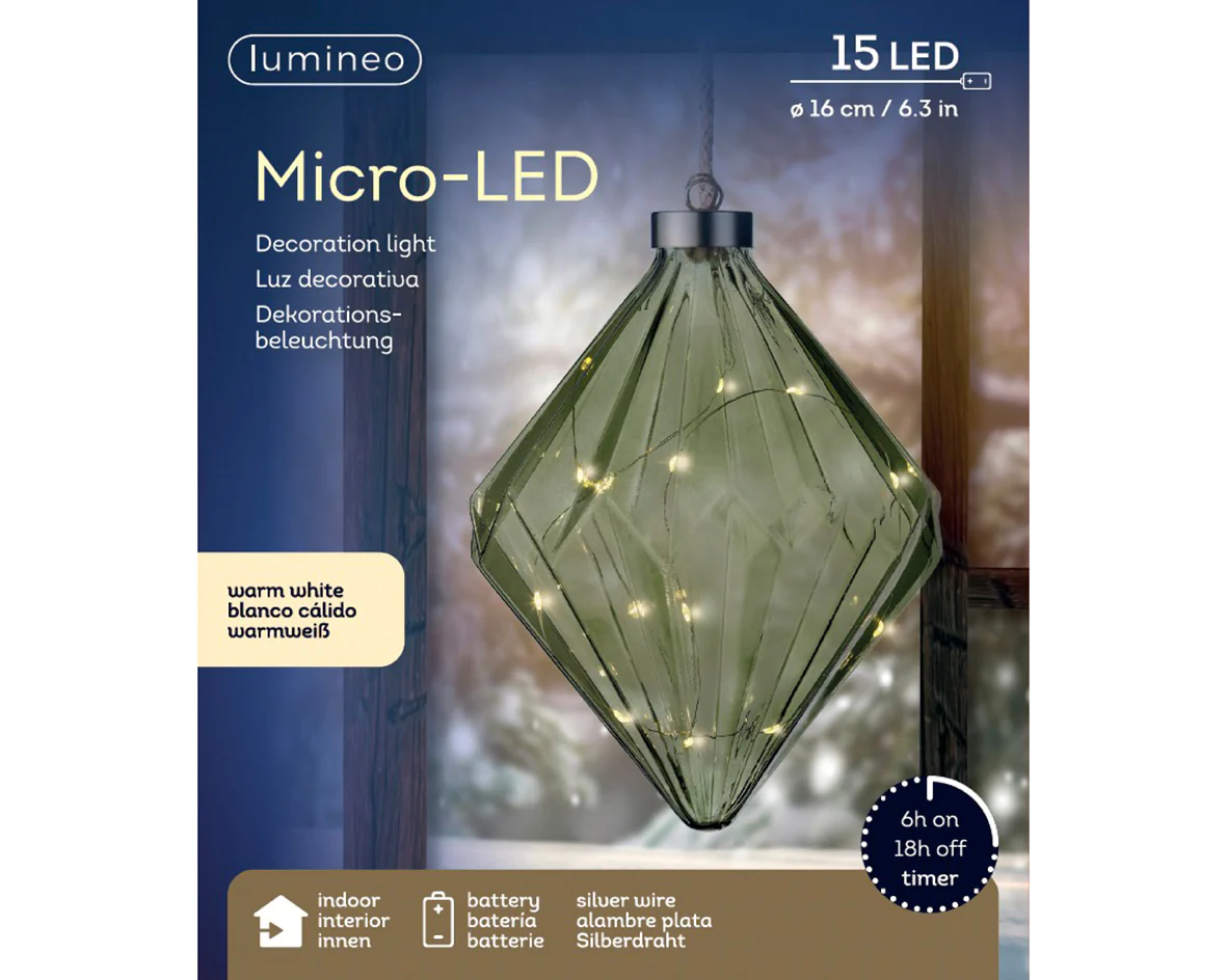 Micro LED Warm White Glass Green Diamond with Rope Hanger - 16cm 15 LEDs - Image 4